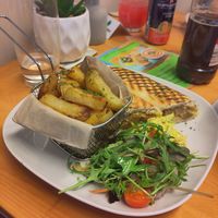 Homemade Cajun seitan panini, hand cut chips! at Vegan Earth in Ayr