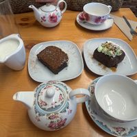 Iced ginger cake (left) + carrot & pistachio cake (right) with two teas  at Vegan Earth in Ayr