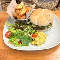 Seitan Burger with fries  at Vegan Earth in Ayr