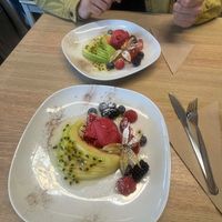 Galia melon served with spring berries, raspberry sorbet & passionfruit coulis (Valentine's day special starter) at Vegan Earth in Ayr