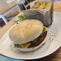 Sweet chilli seitan burger and hand cut chips at Vegan Earth in Ayr