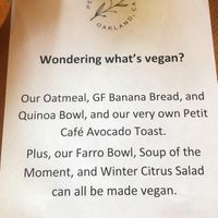 Vegan Menu at Petit Cafe in Oakland