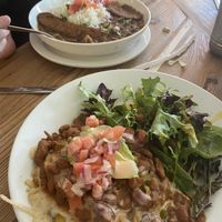 Vegan Rico and vegan beans and rice with sausage—huge portions   at Carmo in New Orleans
