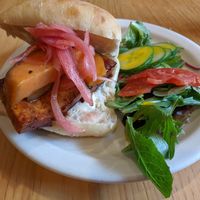Pan con chicharron sandwich vegan with crispy tofu at Carmo in New Orleans