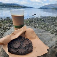 Ice oat latte and chocolate cookie at New Dawn Vegan Coffee Shop in Borrowdale