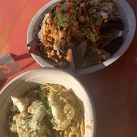 walnut nachos and alfredo pasta, both DELISH & filling at Pomegranate Cafe in Phoenix