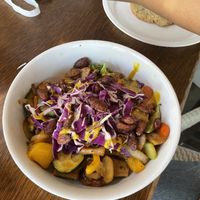 Lucky dragon bowl w “chicken”   at Pomegranate Cafe in Phoenix