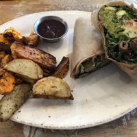 Athena’s favorite with root veggie chips and bbq sauce at Pomegranate Cafe in Phoenix