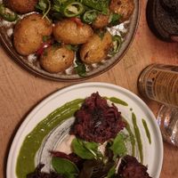 Beetroot bhaji and Gunpowder Potatoes at Nelsons Wine Bar in Hebden Bridge