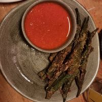 Okra fries - this sauce was hot hot hot but very moreish at Nelsons Wine Bar in Hebden Bridge