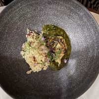 Artichoke, Morrocan couscous, fava, ramps, nasturtium, chermoula at Roselily in South Bend