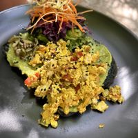 Avocado toast with tofu scrambleed eggs  at Corazon Contento PDC in Playa Del Carmen