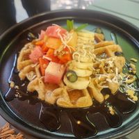 The fruit-covered waffle is a great choice. at Corazon Contento PDC in Playa Del Carmen