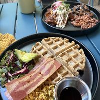 Waffles with tofu scramble and chilaquiless #Veganuary at Corazon Contento PDC in Playa Del Carmen