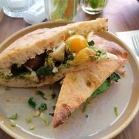 Artichoke and asparagus sandwich on focaccia bread. All vegan. at Vegitalian - Schoutenstraat in Utrecht