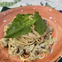 Vegan pesto mushroom pasta at Eco Cafe in Tashkent