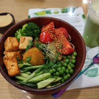 Buckwheat noodle bowl and green veggie smoothie at Eco Cafe in Tashkent