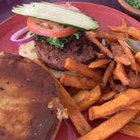 Vegan burger with sweet potato fries   at Cowboy's Smokehouse Cafe in Panguitch
