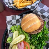 Beyond burger with broccolini and fries  at Cowboy's Smokehouse Cafe in Panguitch