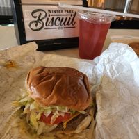 Burger with organic lemonade at Winter Park Biscuit Company in Orlando