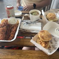 Buffalo bleu strips, small country gravy & biscuits, OG biscuit and SEC biscuit  at Winter Park Biscuit Company in Orlando
