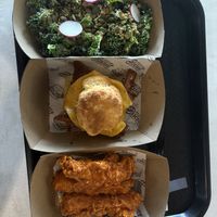 Kalesalad, Biscuit with „egg“ and „bacon“and buffalo chick tenders  at Winter Park Biscuit Company in Orlando