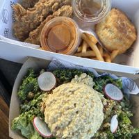 WPBC Box & Kale Salad w side of chickpea salad  at Winter Park Biscuit Company in Orlando