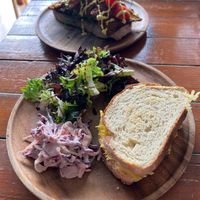 Cheesy toastie- nice thick bread and lots of cheese. Didn't expect it to come with the slaw and salad- both were very nice! at Koda Coffee in Scarborough