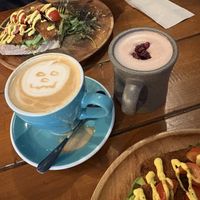 Seasonal latte with the tempeh bacon on sourdough   at Koda Coffee in Scarborough