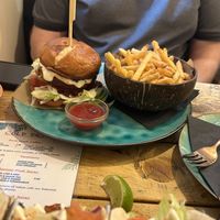 Bbq chicken burger with skins on fries   at Sha-Ka Coffee House & Eatery in Scarborough