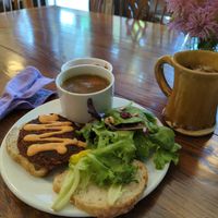 My lunch: zesty vegetable soup, lentil veggie burger, salad, strawberry crisp, and tea.  Absolutely delicious! at Tricklebee Cafe in Milwaukee