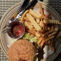 Vegan burger and fries  at Vegan Table Baram in Jeju