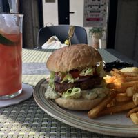 Grapefruit ade with a vegan burger and fries  at Vegan Table Baram in Jeju