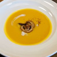 Christmas 2022 Vegan Menu - Roasted Pumpkin Soup with Mushroom Bits & Chickpea Milk  at Lotus Vegetarian 莲心 - Novena in Central Singapore