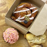 Raspberry cupcake, blueberry & pistachio cinnamon roll, almond crossaint  at Bear Lemon in Dublin