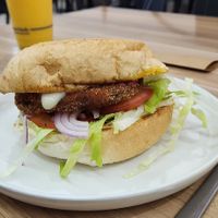 Vegetable patty no vegan cheese. Its ok but wouldn't bother. at Salty Groms in Lakes Entrance