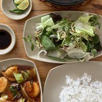 Sichuan tofu, rice, salad and thai noodle soup  at Hoang Nhi - P1 in Da Lat