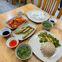 Tofu in tomato sauce, spring rolls, satay rice   at Hoang Nhi - P1 in Da Lat