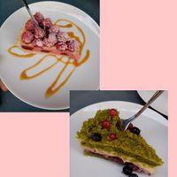 Raspberry cheesecake (non vegan) and green velvet (vegan) at Creamy Cafe in Lublin