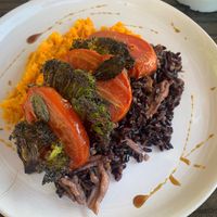 Black rice risotto with shimeji and carrot with tahine purée  at Ben's Bar & Comidaria in Ilhabela