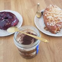Blueberry and lavender Donut, tiramisu and jagodzianki at Eter Vegan Bakery in Warsaw