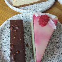Twist, blueberry cheesecake, matcha raspberry cake at Eter Vegan Bakery in Warsaw