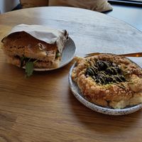 BLT vegan foccacia (with baked eggplant) and wild berries + pistacchio brioche at Eter Vegan Bakery in Warsaw