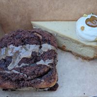 Chocolate roll and pistachio cheesecake at Eter Vegan Bakery in Warsaw