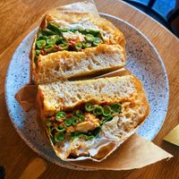 Tofu bean sprout sandwich on focaccia   at Eter Vegan Bakery in Warsaw