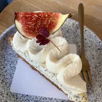 Vanilla cheesecake with poppy seeds at Eter Vegan Bakery in Warsaw