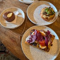 Focaccia, banoffee, mushroom pastry at Eter Vegan Bakery in Warsaw