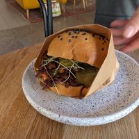 Pulled tofu bun at Eter Vegan Bakery in Warsaw