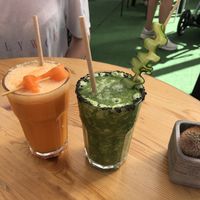 Yellow and Green smoothies  at Pistacho Coffee Brunch in Tenerife