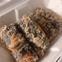 Kelp and bean curd roll - not very pretty to look at, but yummy crunchy texture on the outside and soft bean curd inside with lots of strong seaweed flavour at 4 Stones Vegetarian Cuisine in Richmond